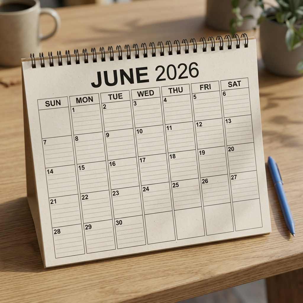 Desk calendar showing the month of June 2026 with blank daily sections.